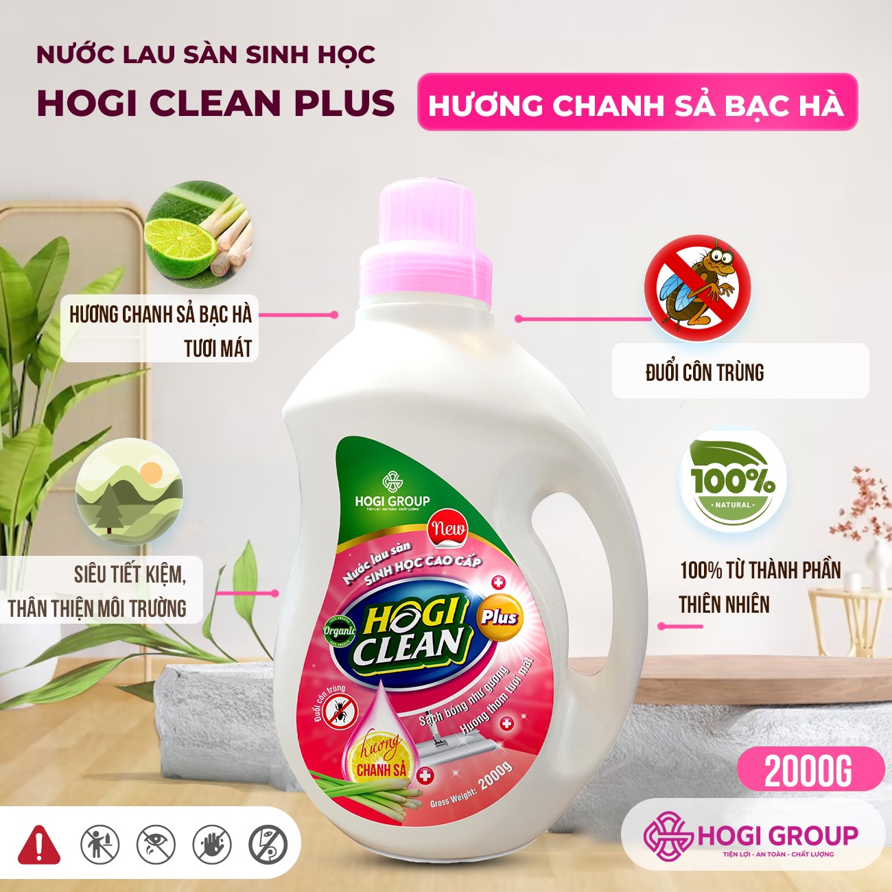 NƯỚC LAU SÀN SINH HỌC CAO CẤP HOGI CLEAN PLUS 2000G- HƯƠNG CHANH SẢ BẠC HÀ