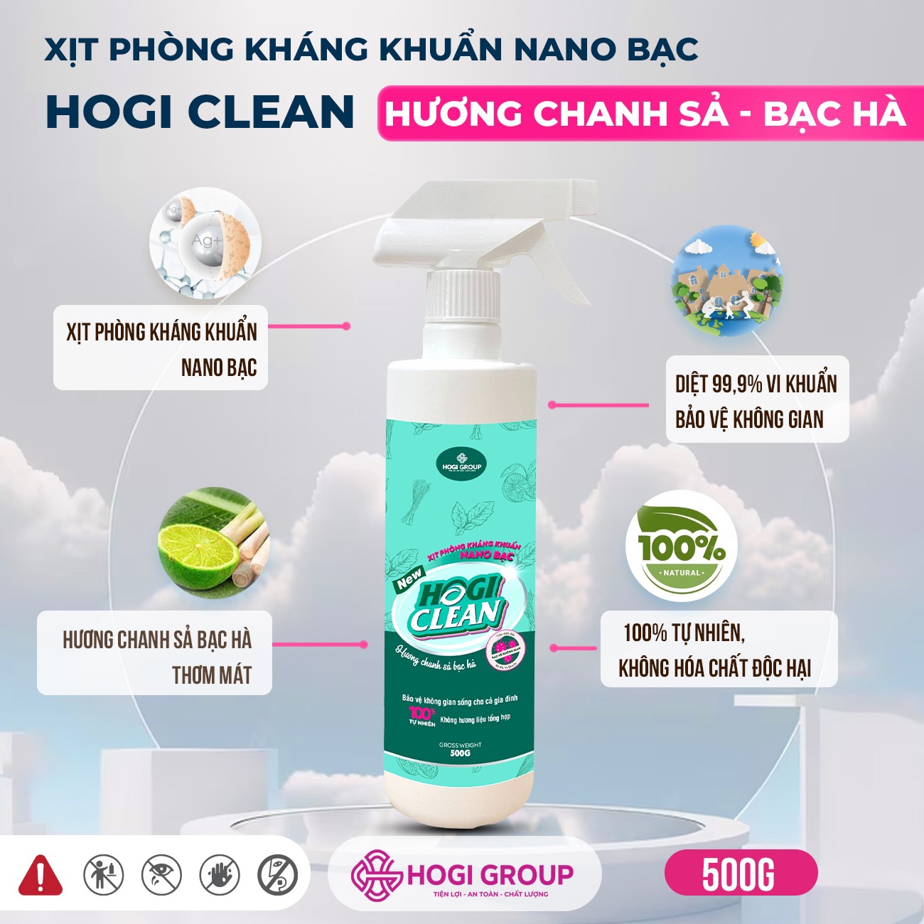 XỊT PHÒNG KHÁNG KHUẨN NANO BẠC HOGI CLEAN 500G - HƯƠNG CHANH SẢ BẠC HÀ